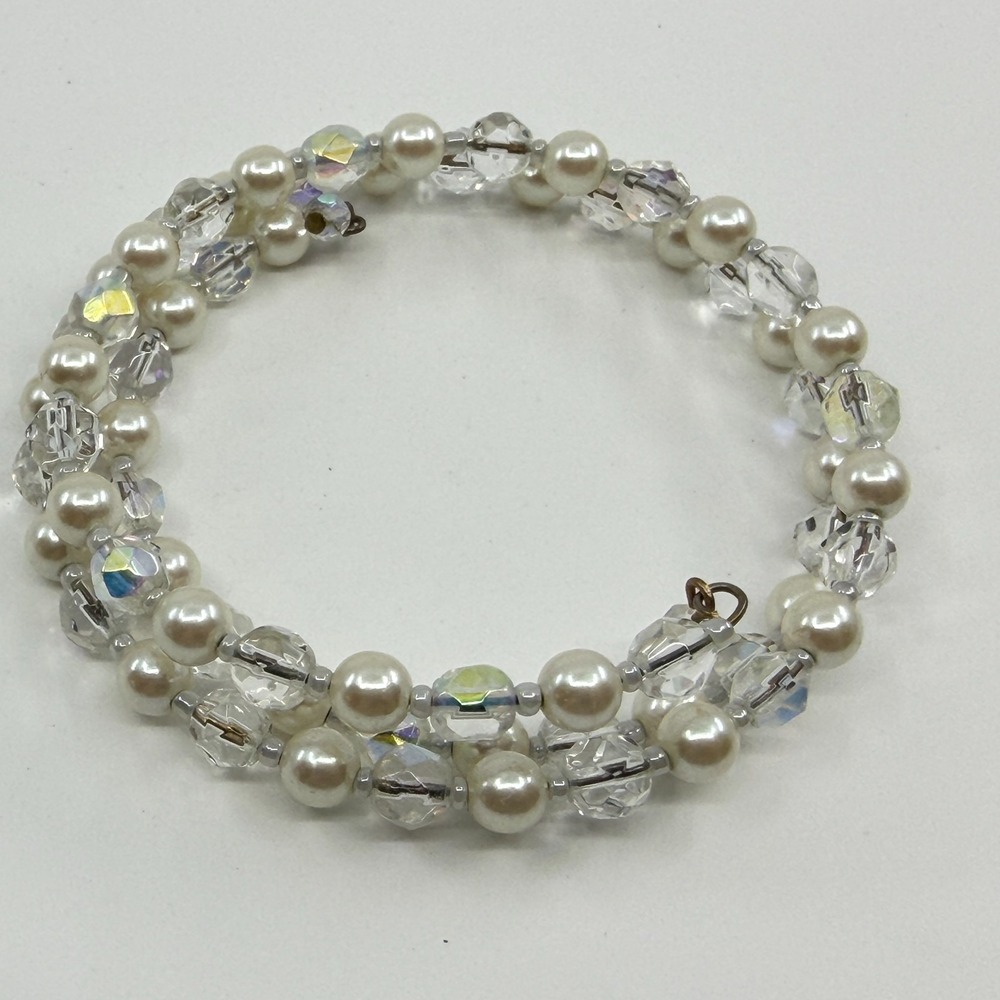 Faux Pearl & Crystal Wrap Bracelet - Stackable Boho Chic - Picture 3 of 13